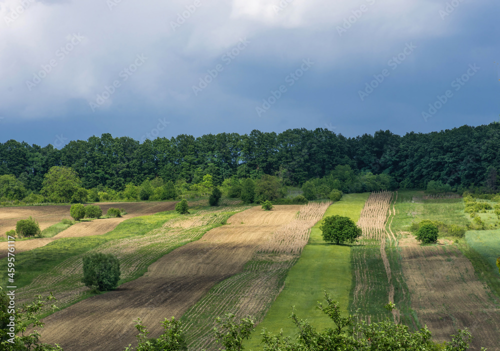 Landscape with agricultural fields and dramatic sky in Transylvania, Romania.