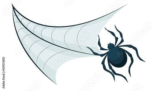 Vector drawing of cobweb and spider isolated on white background. A decorative element in the form of a cobweb and a spider. Spider web and spider descending icon in flat style.