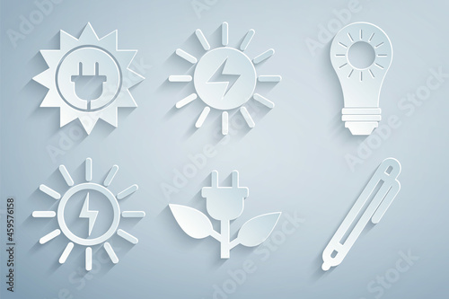 Set Electric saving plug in leaf, Solar energy panel, Pen, and icon. Vector