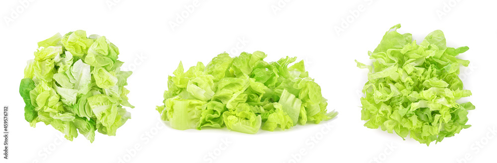 Heap of sliced green lettuce isolated on white background. - obrazy, fototapety, plakaty 