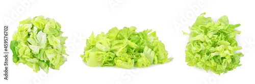 Heap of sliced green lettuce isolated on white background.