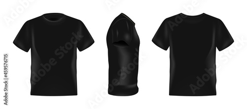 Black male t-shirt realistic mockup set from side, front and back view on white background, blank textile print design template for fashion apparel - vector illustration