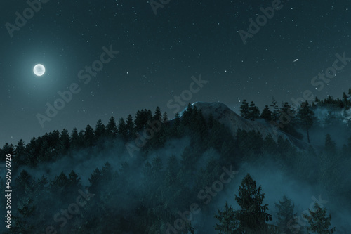 3d rendering of foggy mountain surrounded by pine trees in the starry night illuminated with moonlight