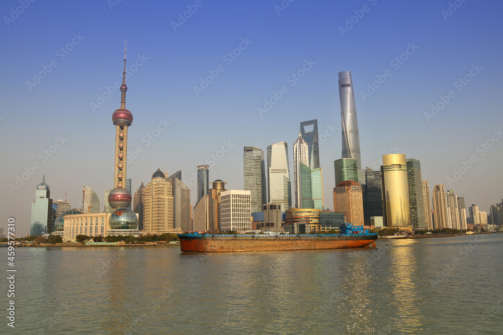 Shanghai China - Asia. Downtown with many sky scrapers.