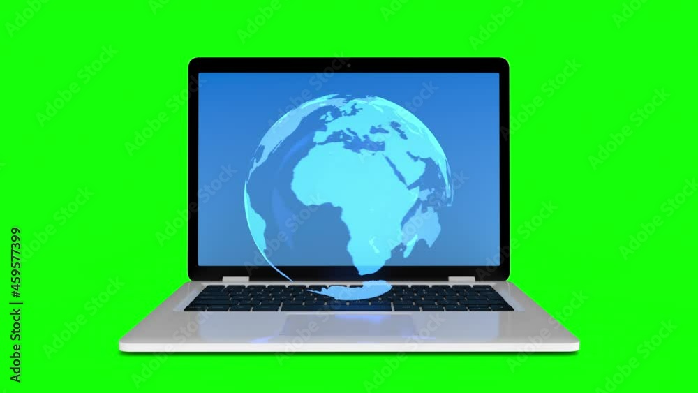 Neon globe rotates on laptop keyboard, 4k loop animation on green background Neon globe rotates on laptop keyboard, 4k loop animation on green background