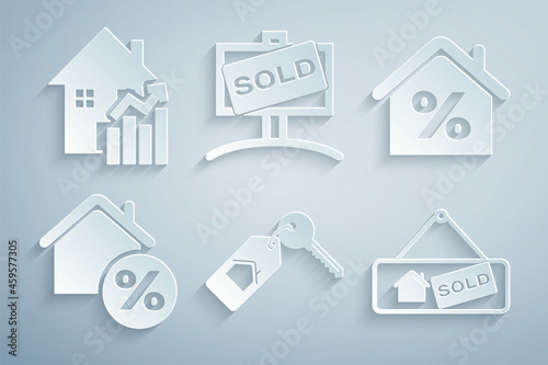 Set House with key, percant, Hanging sign Sold, and Rising cost of housing icon. Vector