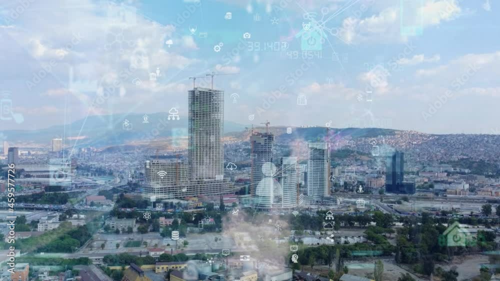 Modern city aerial view and communication network concept. Smart city. 5G. IoT. High quality 4k footage Modern city aerial view and communication network concept. Smart city. 5G. IoT. High quality 4k footage