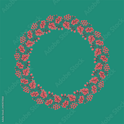 Round frame from a floral pattern on a solid green background