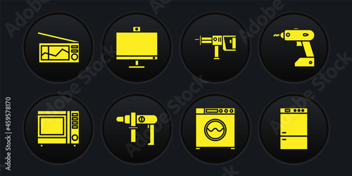 Set Microwave oven, Electric cordless screwdriver, drill machine, Washer, Rotary hammer and Computer monitor icon. Vector