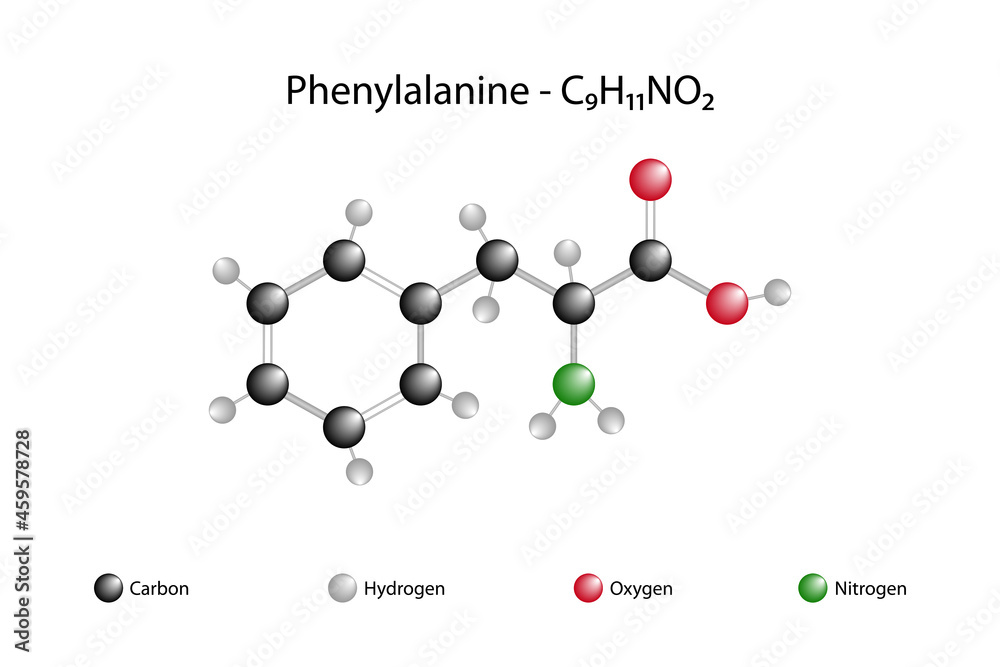 Molecular formula of phenylalanine. Phenylalanine is a nutritionally essential alpha-amino acid.