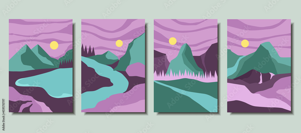 Landscape posters set. Mountains, sunset. Vector illustration.