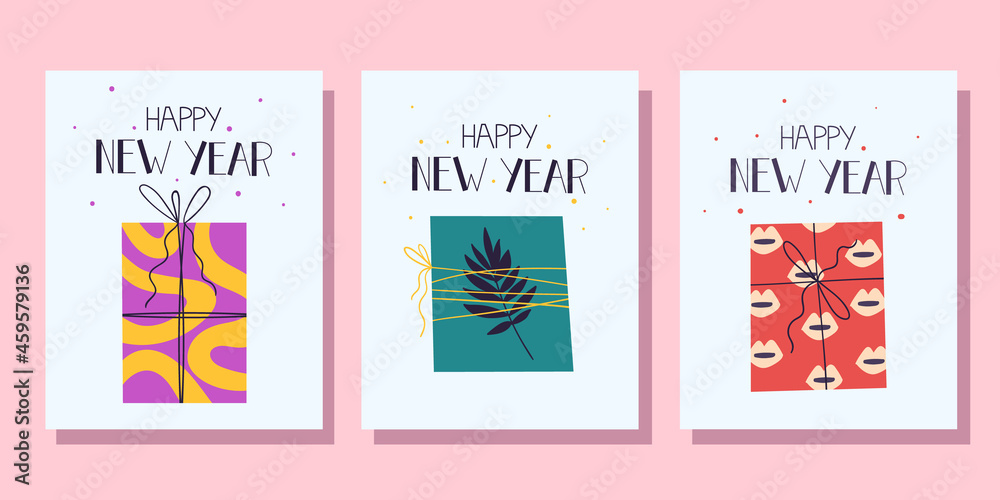 Set of New Year's cards with gifts. Vector illustration in cartoon style.