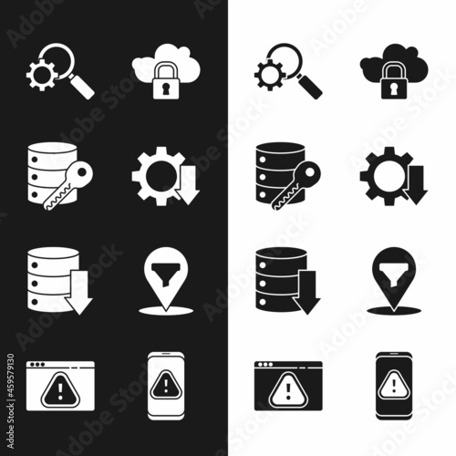 Set Cost reduction, Server security with key, Magnifying glass and gear, Cloud computing lock, Server, Data, Web Hosting, Location sales funnel, Mobile exclamation mark and Browser icon. Vector