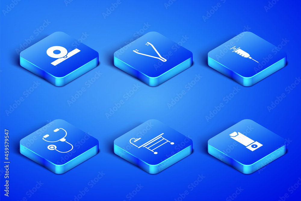 Set Inhaler, Otolaryngological head reflector, Operating table, Stethoscope, Medical tweezers and Syringe icon. Vector Set Inhaler, Otolaryngological head reflector, Operating table, Stethoscope, Medical tweezers and Syringe icon. Vector