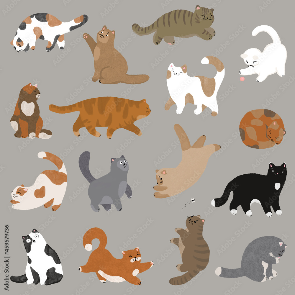 Obraz premium Hand-drawn pastel illustration with cute cats in different poses and colors - standing, jumping, lying, sleeping, playing For prints, stickers, wrapping paper, postcards, backgrounds, fabrics. 