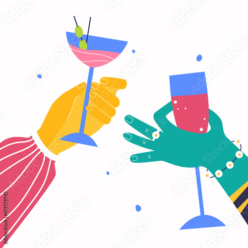 Hands hold different alcoholic cocktails. Bright vector illustration.