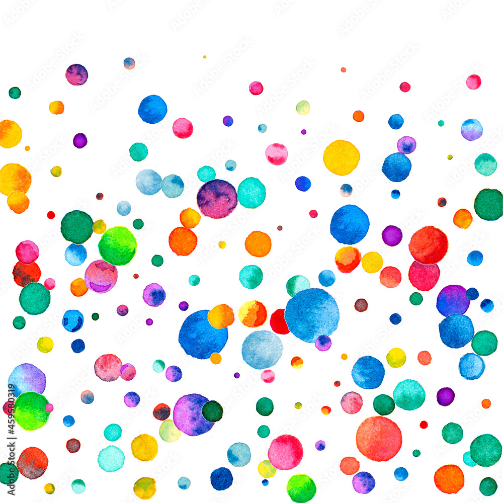 Watercolor confetti on white background. Actual rainbow colored dots. Happy celebration square colorful bright card. Tempting hand painted confetti.