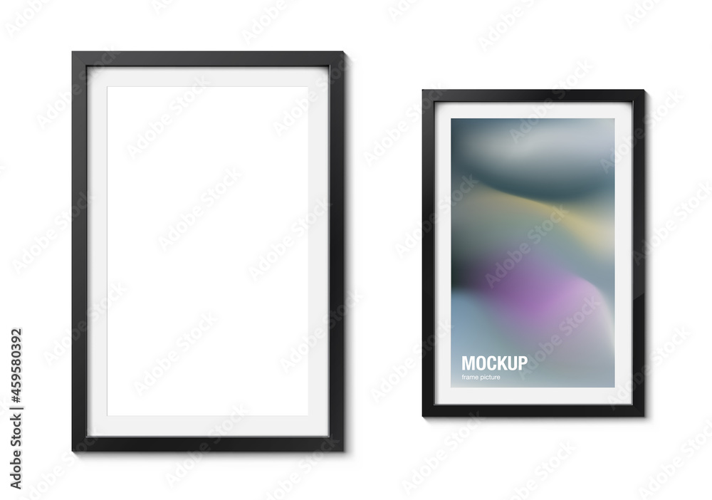 Picture frame on white wall. Can be use for presentation your picture. Mockup for place of picture. EPS10. Picture frame on white wall. Can be use for presentation your picture. Mockup for place of picture. EPS10.