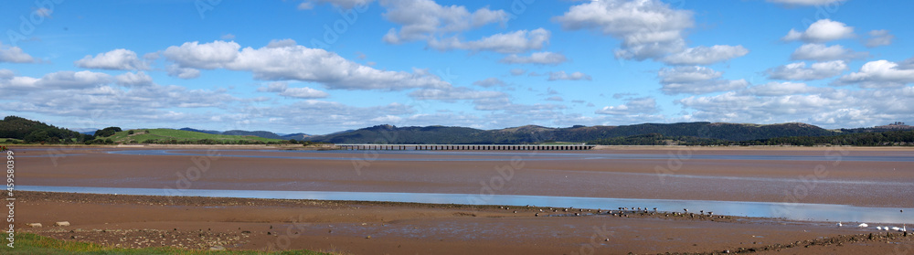 panoramic view of the beach at canal foot in ulverston with a view of the beach a river leven with morecambe bay in the distance