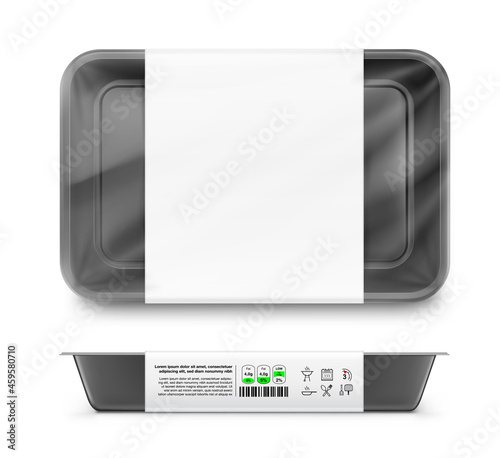 Tray container mockup with signs. Vector illustration isolated on white background. Layered template file easy to use for your design, promo, adv. EPS10	