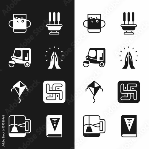 Set Hands in praying position, Taxi tuk tuk, Cup of tea leaf, Incense sticks, Kite, Hindu swastika, India constitution day and with bag icon. Vector