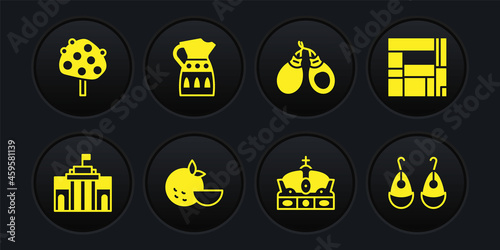 Set Prado museum, House Edificio Mirador, Orange fruit, Crown of spain, Castanets, Sangria pitcher, Earrings and tree icon. Vector