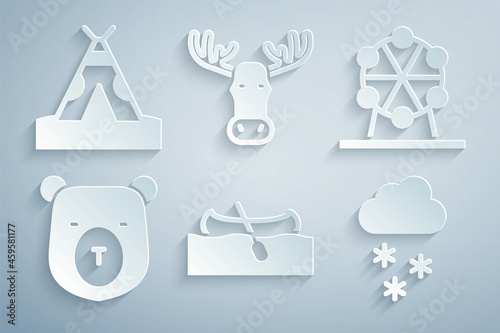 Set Kayak or canoe, Ferris wheel, Bear head, Cloud with snow, Moose horns and Indian teepee wigwam icon. Vector