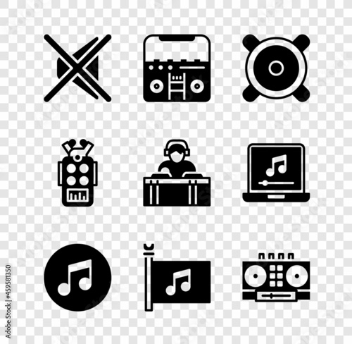 Set Speaker mute, Home stereo with speakers, Stereo, Music note, tone, festival flag, DJ remote and mixing music, Microphone and playing icon. Vector
