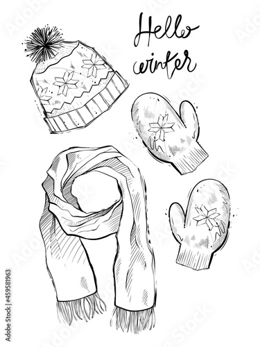 Knitted hat, mittens and scarf, hand drawn vector illustration, monochrome