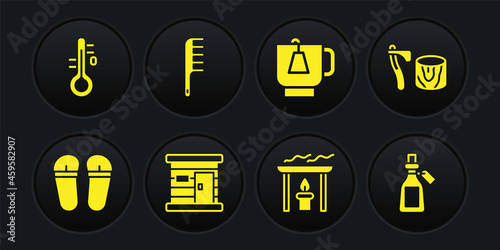 Set Flip flops, Wooden axe in stump, Sauna wooden bathhouse, Aroma candle, Cup of tea with tea bag, Hairbrush, Essential oil bottle and thermometer icon. Vector