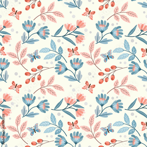 Beautiful flowers and butterfly seamless pattern.