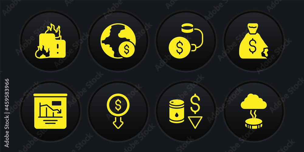 Set Pie chart infographic, Money bag, Dollar rate decrease, Drop crude oil price, Debt ball chained to coin, Global economic crisis, Storm and Fire burning house icon. Vector Set Pie chart infographic, Money bag, Dollar rate decrease, Drop crude oil price, Debt ball chained to coin, Global economic crisis, Storm and Fire burning house icon. Vector