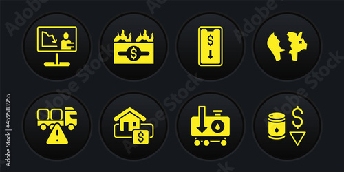 Set Stop delivery cargo truck, Broken piggy bank, Hanging sign with Sale, Drop crude oil price, Mobile stock trading, Burning dollar bill, and Global economic crisis news icon. Vector