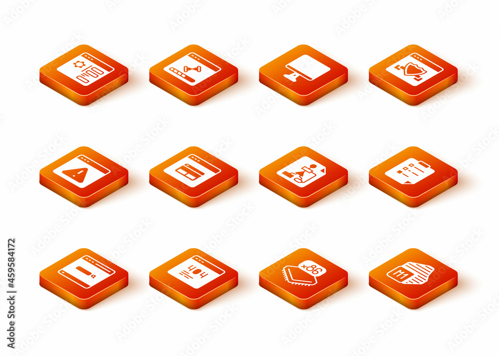 Set Search engine, Page with 404 error, Browser exclamation mark, Processor microcircuits CPU, Flowchart, and Clipboard checklist icon. Vector Set Search engine, Page with 404 error, Browser exclamation mark, Processor microcircuits CPU, Flowchart, and Clipboard checklist icon. Vector