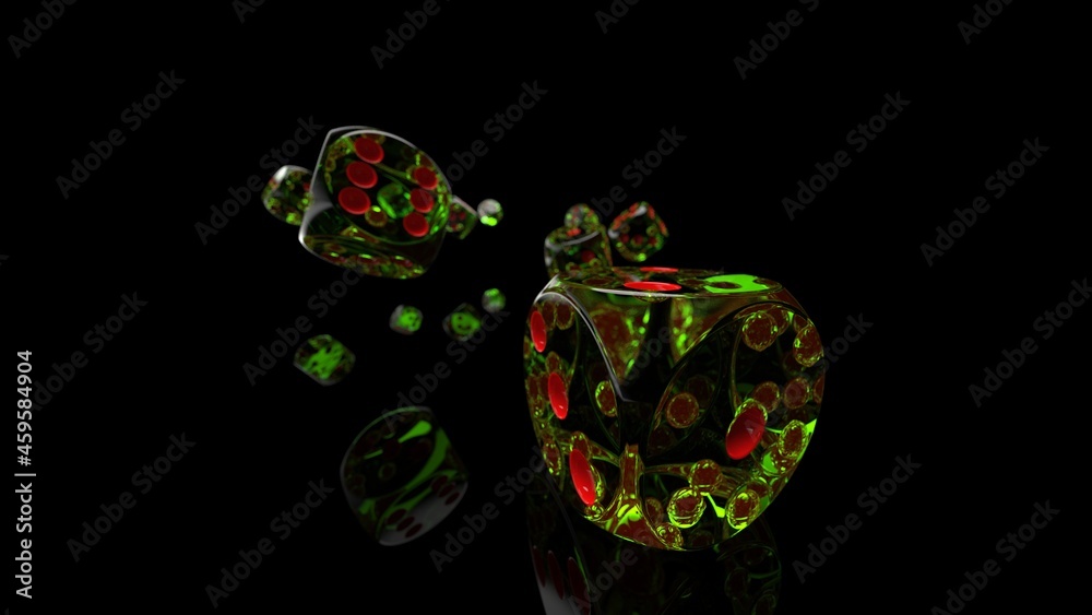Rolling red-clear green dices under black background. Concept image of casino, stock trading and establishment, etc. 3D CG. 3D illustration. 3D high quality rendering.