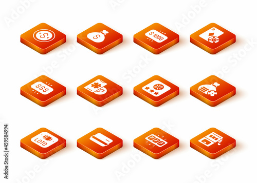 Set Lottery ticket, Credit card, Money prize in casino, Online poker table game, Slot machine with jackpot, and bag icon. Vector