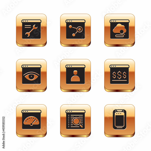 Set Browser setting, Digital speed meter, Search engine, Create account screen, incognito window, Cloud technology data transfer, Mobile phone and icon. Vector