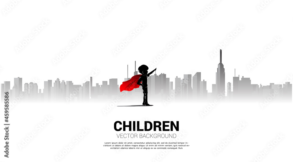 Silhouette of boy in superhero suit point to sky in city. Concept of education start and future of children. Silhouette of boy in superhero suit point to sky in city. Concept of education start and future of children.