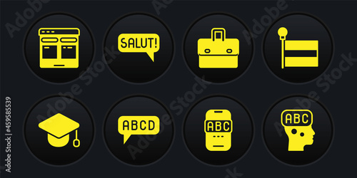 Set Graduation cap, Flag, Alphabet, Foreign language online study, Briefcase, Salut different languages, Learning foreign and Online translator icon. Vector