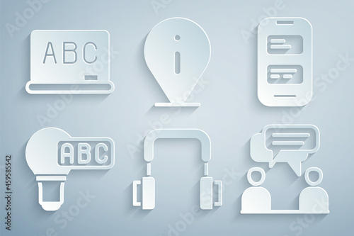 Set Headphones, Online translator, Creative lamp light idea, Two sitting men talking, Information and Chalkboard icon. Vector