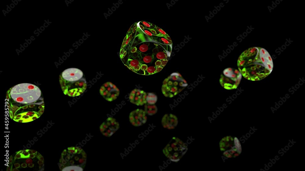 Rolling red-clear green dices under black background. Concept image of casino, stock trading and establishment, etc. 3D CG. 3D illustration. 3D high quality rendering.