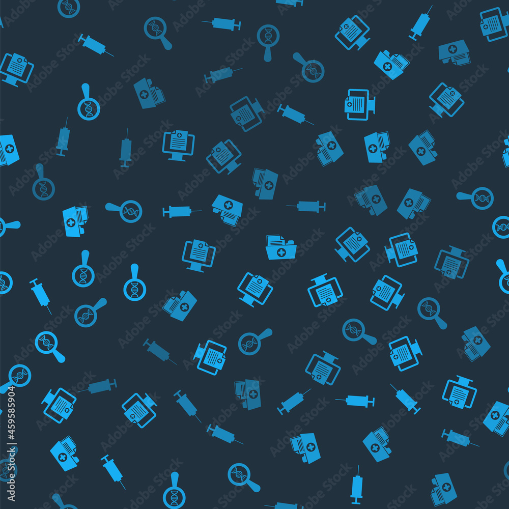 Set Syringe, Clinical record on monitor, Health folder and DNA research, search on seamless pattern. Vector Set Syringe, Clinical record on monitor, Health folder and DNA research, search on seamless pattern. Vector