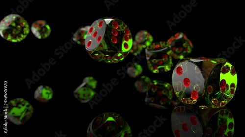 Rolling red-clear green dices under black background. Concept image of casino  stock trading and establishment  etc. 3D CG. 3D illustration. 3D high quality rendering.