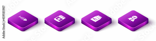 Set Isometric Fish skeleton, Canned food for dog, Bag of and Dog award symbol icon. Vector