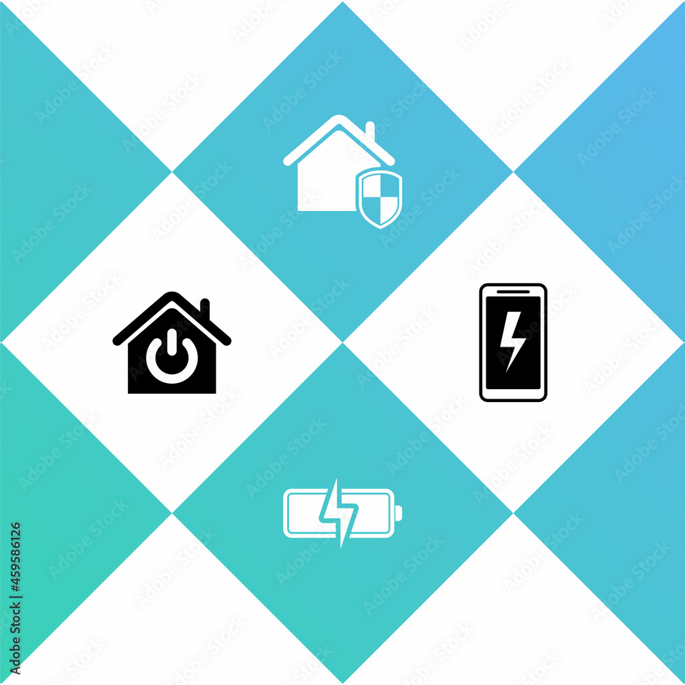 Set Smart home, Battery, House under protection and Mobile charging battery icon. Vector Set Smart home, Battery, House under protection and Mobile charging battery icon. Vector