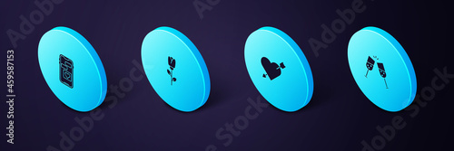 Set Isometric Glass of champagne, Amour with heart and arrow, Flower rose and Mobile icon. Vector