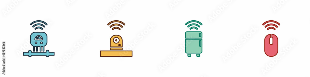 Set Smart sensor, security camera, refrigerator and Wireless mouse icon. Vector Set Smart sensor, security camera, refrigerator and Wireless mouse icon. Vector