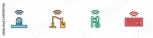 Set Smart security camera, Robotic robot arm hand factory, thermometer and Wireless keyboard icon. Vector