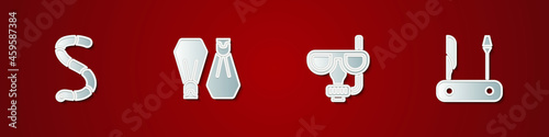 Set Worm, Rubber flippers for swimming, Diving mask and snorkel and Swiss army knife icon. Vector
