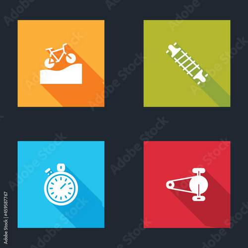 Set Mountain bicycle, Bicycle suspension, Stopwatch and chain with gear icon. Vector